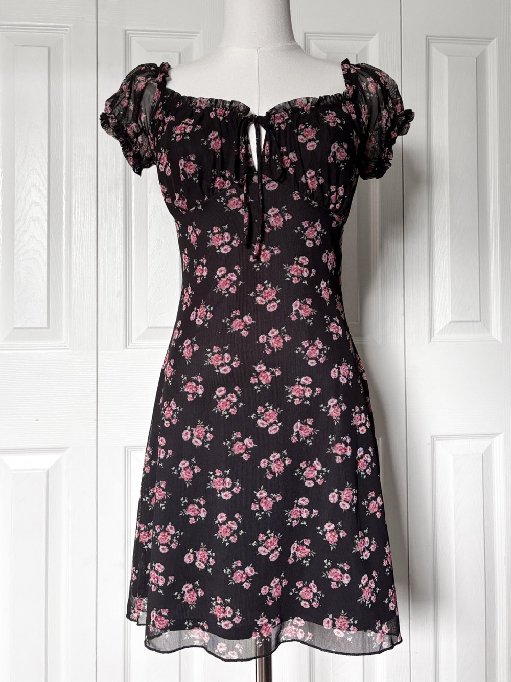 Francesca's Blue Rain Floral Mesh Dress Size Medium | Black & Pink Whimsigoth
